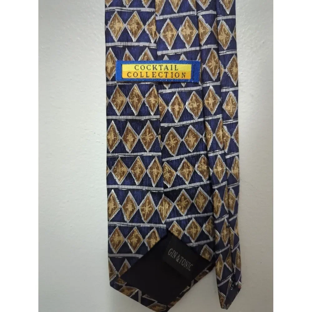 Gin & Tonic Cocktail Collection Navy‎ Blue Gold Diamond Geometric Silk Tie USA